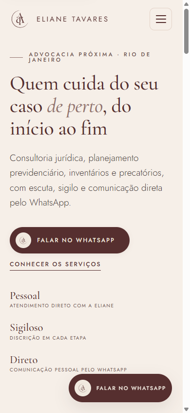 Site do escritório Eliane Tavares Advocacia aberto no celular: página inicial com apresentação da advogada e contato